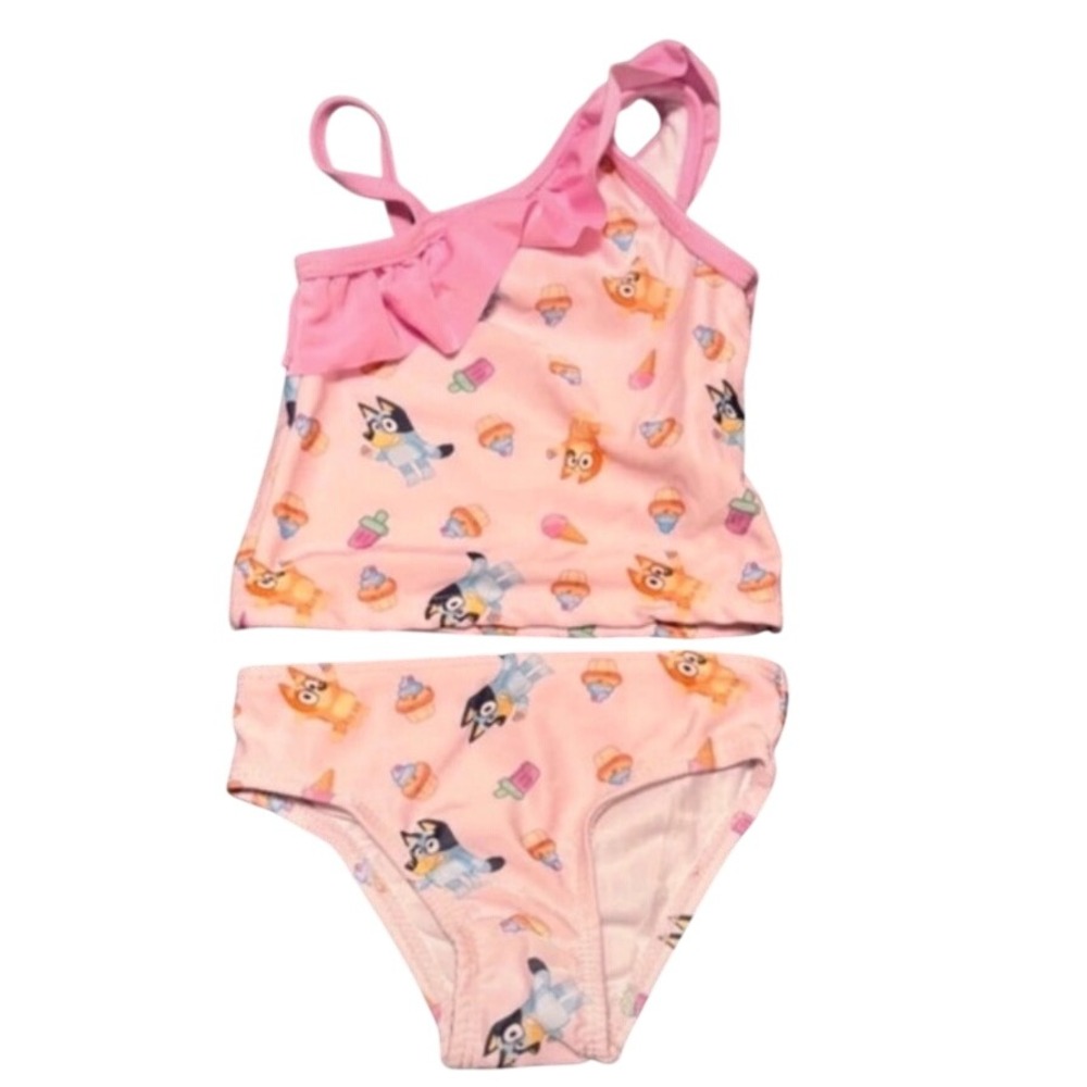 Bluey Pink Tankini Swimsuit Set One-Shoulder Ruffle Ice Cream Print Girls 12M
